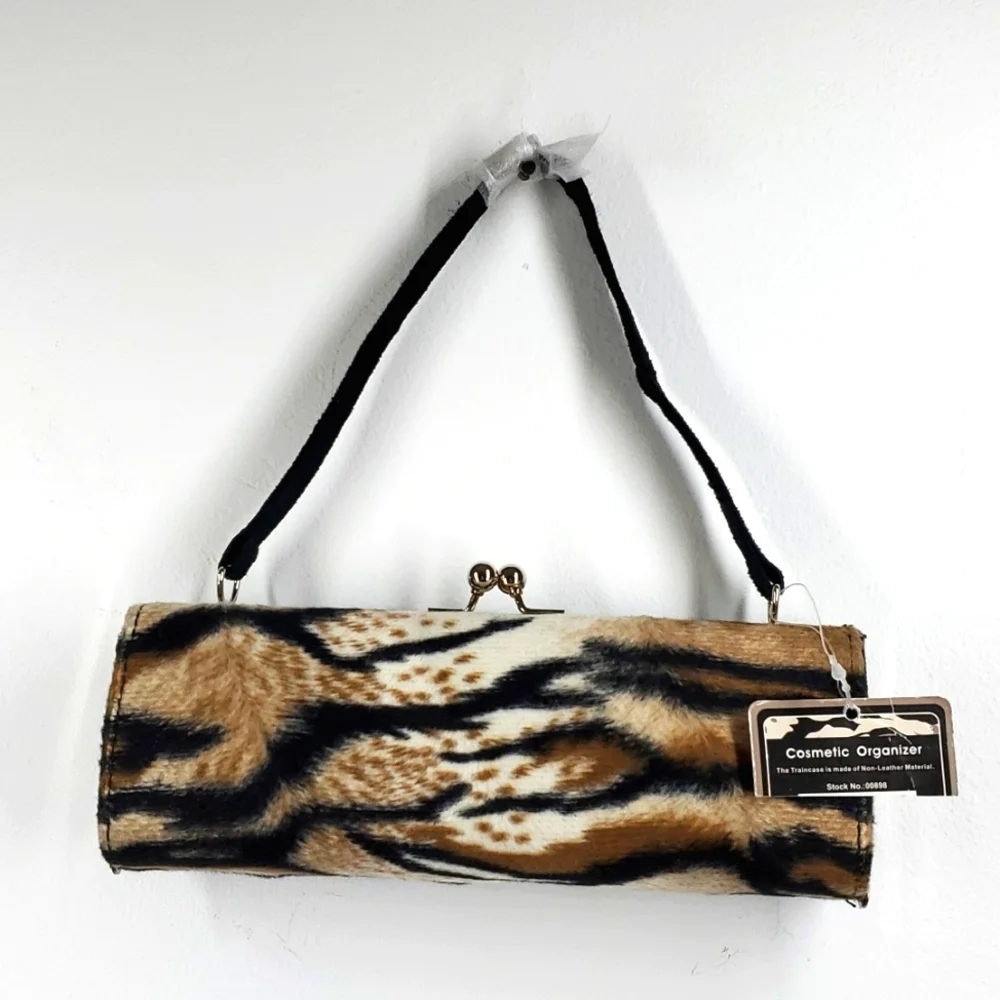 Show Colors Cosmetic Organizer Faux Animal Print Black Tan Fur Bag NWT